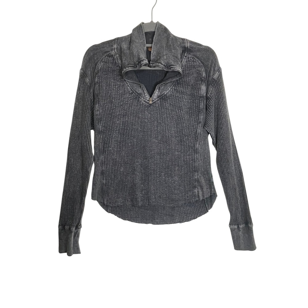 Free People One Size Charcoal Gray Waffle Knit Quarter Zip Pullover Acid Wash